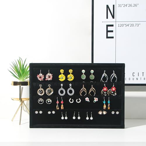 Image of Coward 2PC Black Velvet Stackable Earring Tray Drawer Jewelry Holder Organizer Box Storage Earring Display Stand for Home Drawer or Store Selling (earring+earring)