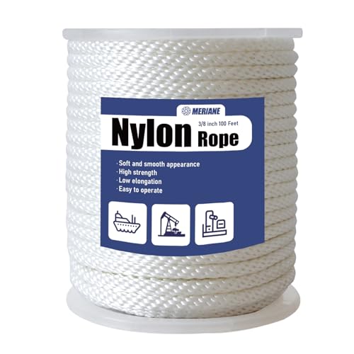 MERIANE 3/8' Nylon Rope 100 Ft – Multipurpose Heavy Duty Ropes – Abrasion & UV Resistant – Ideal Use for Camping, Clothesline, Marine Rope Flag Line - Shock Absorption Rope for Indoor Outdoor
