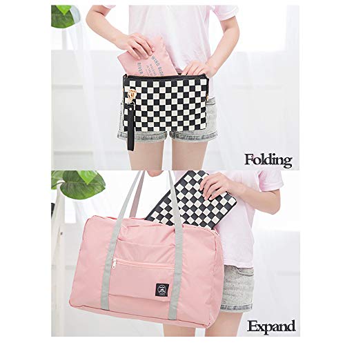 Axgo Folding Travel Duffel Bag Packable Light Nylon Water Resistant Tote Weekend Getaway Overnight Carry-on Shoulder, Pink