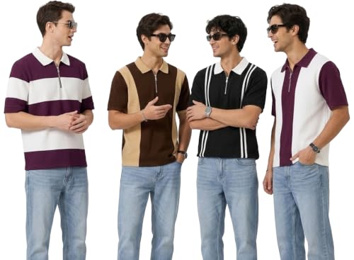 Image of AUSK Men's Textured Vertical Striped Knit Polo T-Shirt | Half Sleeve Zipper Neck Self-Design Casual Tee | Mens Tshirts