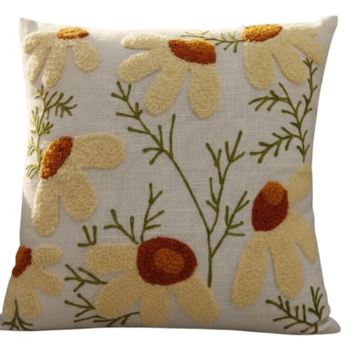 PAYRA Boho Embroidery Tufted Cotton Canvas Cushion Cover | Textured Decorative Pillow Case | 18X18 Inch Square Cushion Covers for Sofa, Living Room & Bedroom | AB48
