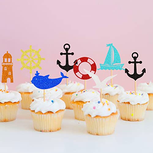 Ercadio 35 Pack Nautical Cupcake Toppers Glitter Anchor Rudder Whale Cupcake Picks Sea Mew Lighthouse Cupcake Decors Ocean Sailing Theme Baby Shower Birthday Party Cake Decorations Supplies #TOP3