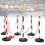 6Pcs Post und Chain Link Barriers, Parkplatzsperre mit Befüllbarer Basis, Verstellbarer Absperrpfosten, 6 Säulen, 5 * 2,5 m Ketten + 20 * S-Schnallen, Absperrpfosten Herausnehmbar für Parkplatz