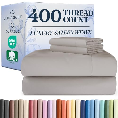 400 Thread Count Cotton Sheet Set - Queen Size 100% Cotton Sheets - Easily Fits 8' to 16' Mattress - Silky-Soft, Wrinkle Free and Comfortable - Deep Pockets & Hotel Quality Bedding Set - Light Grey