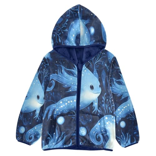 Blue Axolotl Pattern Toddler Fleece Jacket Girl Boys Hooded Fleece Jacket Coat Warm Outwear Zip-up 3-10T