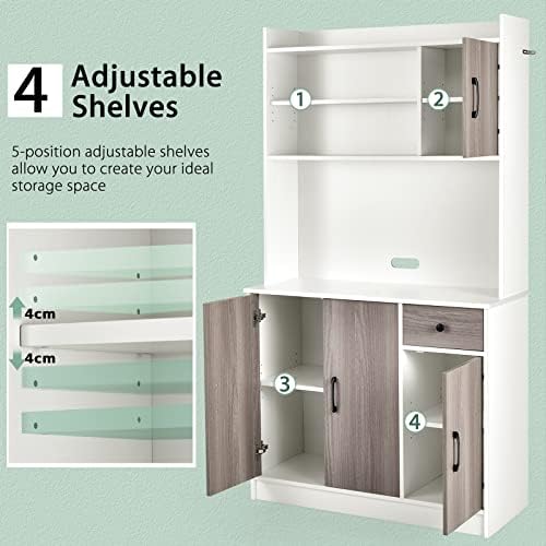 COSTWAY Tall Kitchen Cupboard, Buffet Pantry Storage Cabinet with Adjustable Shelves, Drawer and Counter Top, Freestanding Organizer Unit for Living Room, Dining Room, Entrance (100x40x180cm, White)