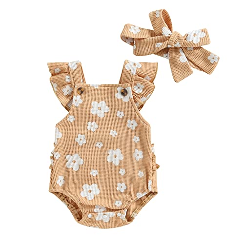 VISGOGO Summer Newborn Baby Girls Rompers Dress Flower Mesh Short Sleeve Jumpsuits Headband Outfits (Light Khaki-Flower, 0-3 Months)