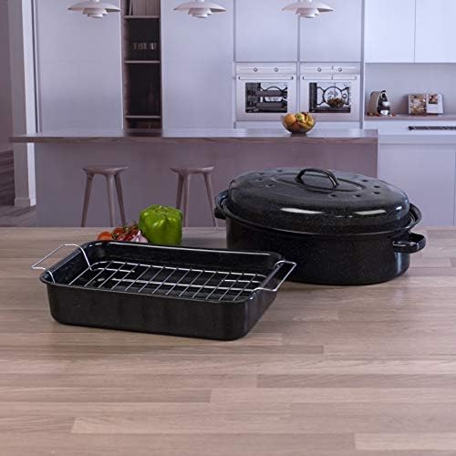 Russell Hobbs COMBO-1922 Vitreous Enamel Roaster with Rack & Self Basting Roaster Tin with Lid, Ovenware, Resistant to Staining and Colouring Roasting Tray Tin for Baking/Roasting, Black