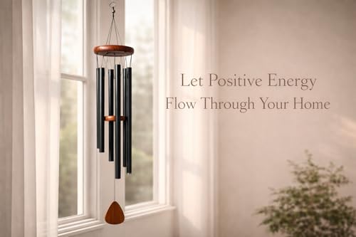 Image of Black Metal Wind Chime with Wooden Finish | Soothing Sound Hanging Wind Chimes for Home, Balcony, Garden & Patio