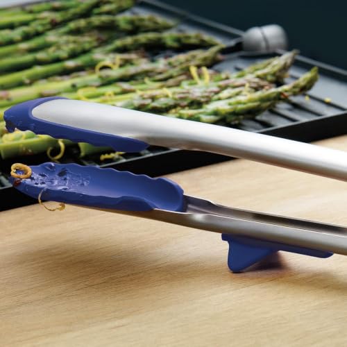 Image of Tovolo Silicone Cooking Utensil Set of 6 Stainless Steel Handle Ladle Slotted Turner Tongs Flex Core Spatula Scraper Mixing Spoon & Potato Masher, Dishwasher Safe BPA Free Utensils, Deep Indigo