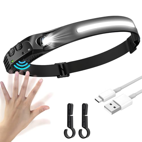 1 x Headlamp LED Rechargeable USB Super Bright Head Torch Super Bright 350 Lumen Head Torch 230° COB Sensor Headlamp 5 Light Modes Lightweight IPX4...