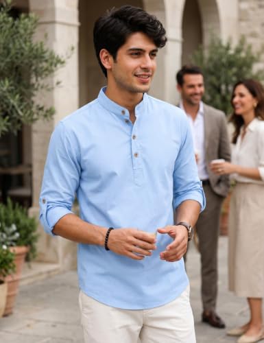 Image of Fifth U Men's Cotton Polyester Blend Solid Mandarin Collar Self Design Full Sleeve Casual Short Kurta