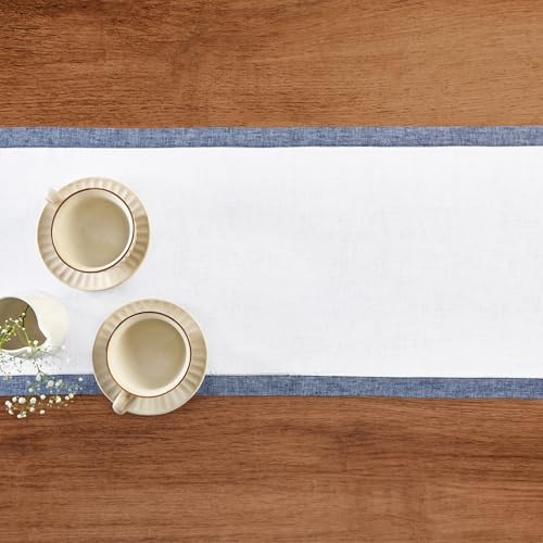 Solino Home Linen Table Runner 90 Inches Long - 100% Pure Linen Chambray Indigo and White Table Runner 14 x 90 Inch for Spring, Summer - Classic by Solino Home - Image 3