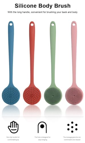 Image of Silicone Back Scrubber, Long Handle Soft Bristles Bath Brush with Massage Beads, Body Shower Washing Brush Wet or Dry Cleaning Spa Brushing for Men and Women (Blue Pack of 1)