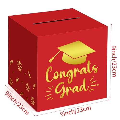 Image of Hooqict Graduation Card Box with Slot 9.1 inch Congrats Grad Red Gold Money Card Box for Class of 2026 Graduation Decorations Money Envelope Gifts Cards Holder Grad Party Supplies