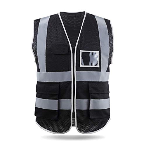 Preisvergleich Produktbild HYCOPROT Sicherheitswesten Warnweste Hohe Sichtbarkeit Reflektierendes Mesh Weste Executive Manager Workwear Jacke Zip 2 Band Brace Sicherheit Handytasche Ausweishalter (Large, Schwarz)