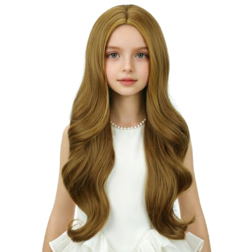 Image of Child Ash Blonde Wig Girls Long Ash Blonde Wavy Curly Wig Long Middle Part Wigs for Kids Heat Resistant Synthetic Wigs with Cap