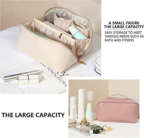 Vcromty Portable Cosmetic Bag With Handle And Divider, 2022 New Large Capacity Travel Cosmetic Bag，Travelling Makeup Bag, Pu Leather Waterproof Makeup Bag, Travel Toiletry Bag (White) #TOP5