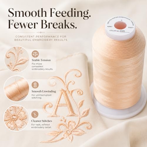 Image of Simthread Embroidery Machine Thread 5000M 40WT Polyester, Light Peach S085 | 5000M 40WT polyester thread feeds smoothly for home or commercial embroidery projects.