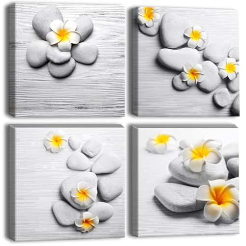 Artscope Lienzos Decorativos - Piedras y Flores Amarillas Imágenes Estilo Nórdico Pintura Prueba de Agua con Marco Listo para Colgar para Sala de Estar Décor Dormitorio Regalo 30x30cm