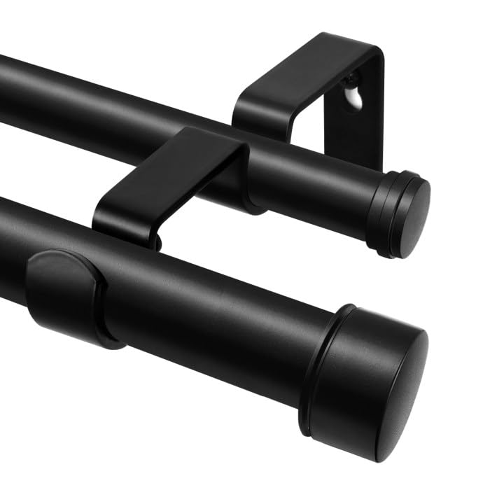 HOTOZON Barra de cortina negra de 2 niveles, 80-218 cm, barra de cortina doble con extremo clásico, barras de cortina extensibles de 25 mm con soportes para salón, cocina, dormitorio