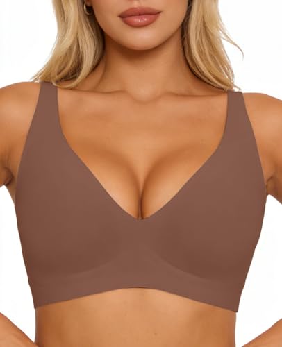 Jelly Wireless Bra Seamless Deep V Push Up T-Shirt Comfortable Plunge No Underwire Bras with Adjustable Straps Everyday Bras Coffee