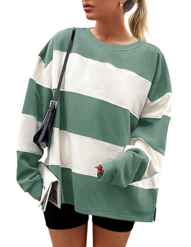 ZESICA Women's Fall Sweatshirt Tops Crewneck Long Sleeve Loose Oversized Striped Fleece Pullover 2025 Clothes,Green,Small