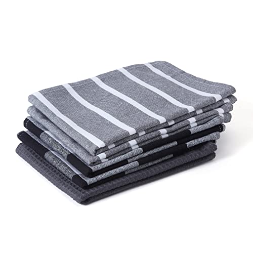 Encasa Homes antibactérien Torchons de Cuisine X-Large 70 x 45 cm (5 pc Set of Waffle, Stripe & Checks) Torchon en Coton, très Absorbant pour Le Nettoyage et Le séchage Rapide des Assiettes - Gris