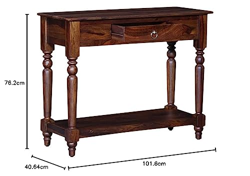 Image of Solid Sheesham Wood Console Table for Living Room | Entryway Hallway Sofa & Fish Tank Table with Drawer & Shelf Storage | Walnut Brown Finish
