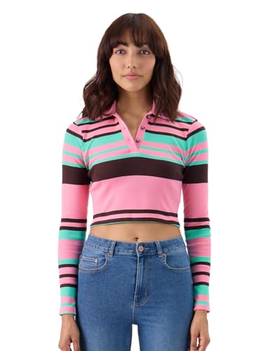 Image of The Souled Store Carnation Rib-Knit Polo Women and Girls Long Sleeve Collared Neck Multicolor Striped Slim Fit Cotton Blend Cropped Polos