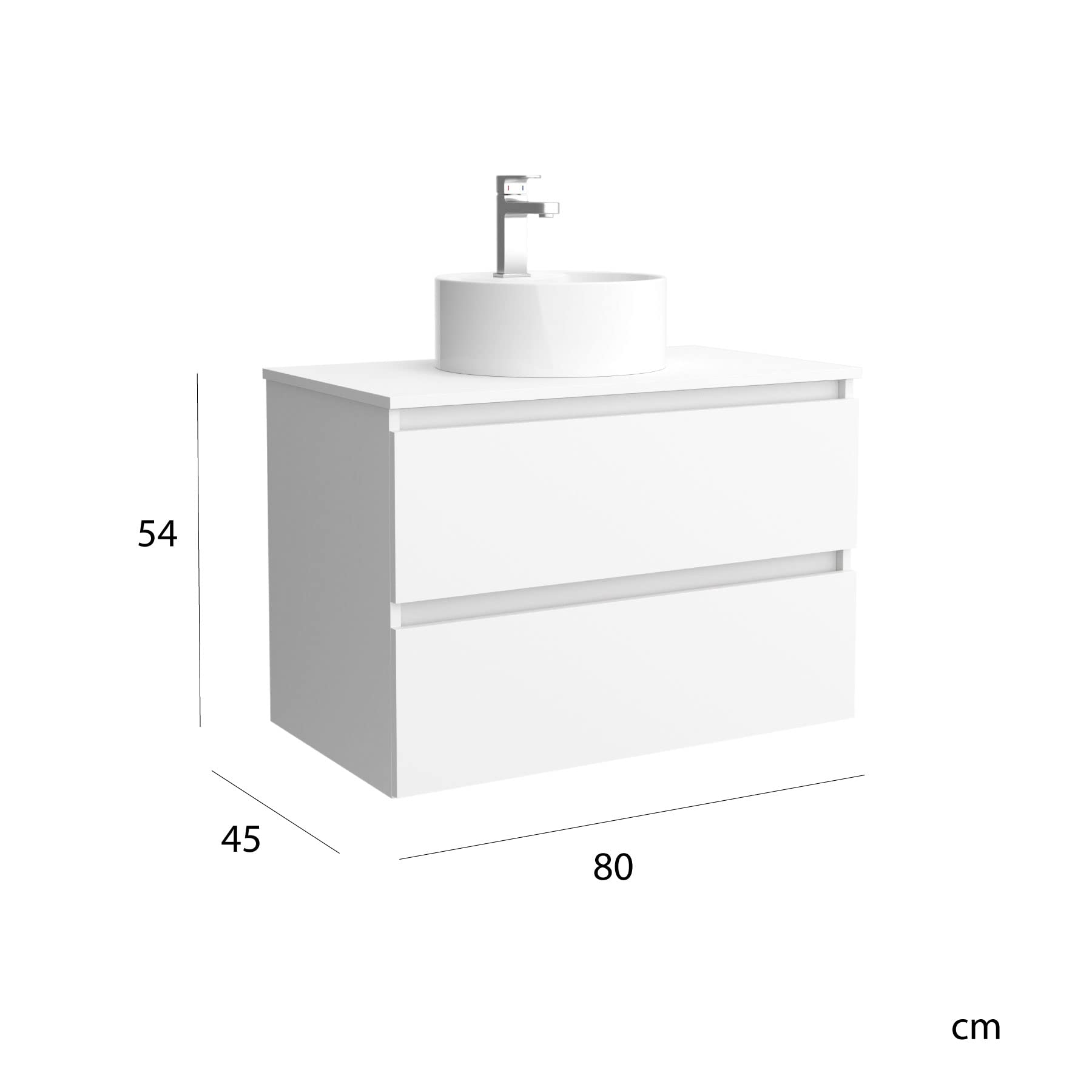 Mueble de baño Bequia 80 cm con Lavabo 100% montado de fábrica | Acabado Blanco Mate suspendido 2 cajones Cierre amortiguado Apertura con uñero | Lavabo sobre encimera | Marca Salgar