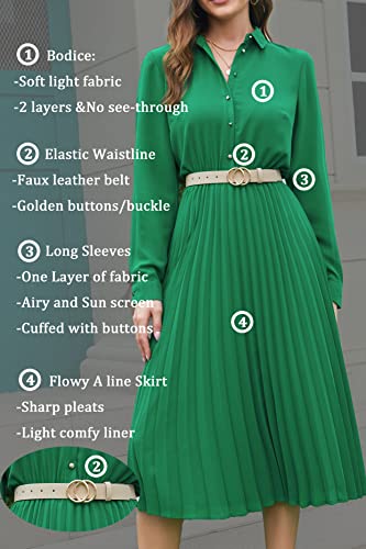 Image of Business Casual Shirt Dress for Women Long Sleeves Pleated Midi Dresses with Belt