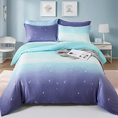 DJY Galaxy Star Duvet Cover Blue and Purple Bedding Set Gradient Color Duvet Cover Pillowcase with Zipper Closure for Kids Girls Teens Adults (Single Size 135x200cm)