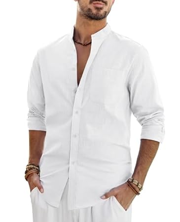 J.VER Leinenhemd Herren Hemd Langarm Stehkragen Leinenshirt Baumwolle Atmungsaktiv Regular Fit Freizeithemden Casual Sommer Strand Leinen Shirt mit Tasche