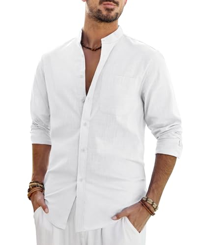 J.VER Leinenhemd Herren Hemd Langarm Sommerhemd Stehkragen Freizeithemd Baumwolle Regular Fit Strand Urlaub Shirt,Weiß,XL