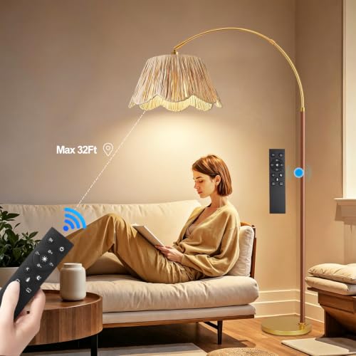 Image of Vintage Arc Floor Lamps for Living Room Farmhouse Wood Floor Lamp with Remote Control,Dimmable Rattan Floor Lamp Boho Standing Lamp with 3 Color Temperature Wicker Tall Floor Lamp for Bedroom Corner
