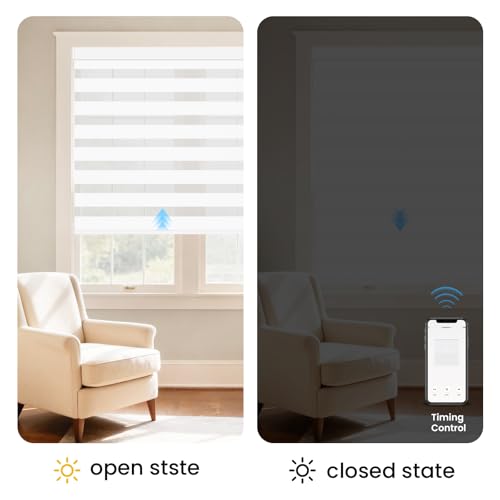 Image of LUXLUV No Drill Motorized Blinds with Remote, 75% Blackout Automatic Smart Zebra Shades Blind,Dual Layer Smart Automatic Zebra Blinds for Indoor Windows,Compatible with Alexa, Google, White, 34 inch x 72 inch