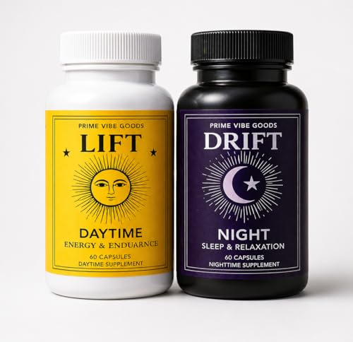 Prime Vibe Goods Lift & Drift Day & Night Wellness Bundle – Calm Energy, Focus & Stress Support + Relaxation & Sleep Support – Ashwagandha, Magnesium, Rhodiola, GABA & Maca – Vegan –120 Capsules