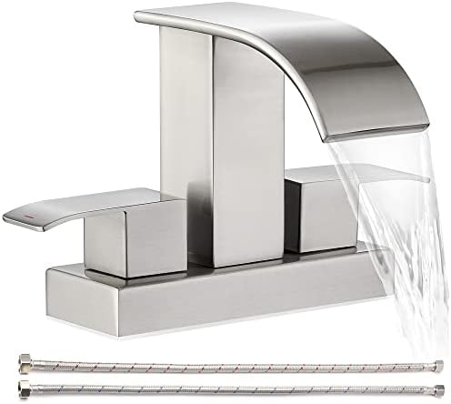 𝟮𝟬𝟮𝟯 𝗡𝗲𝘄 Waterfall Bathroom Faucet - 2 Handle 4 Inch Centerset Faucet for Lavatory Bathroom Sink, with cUPC Faucet Supply Line Hoses for Bathroom Restroom Vanity Lavatory, Brushed Nickel