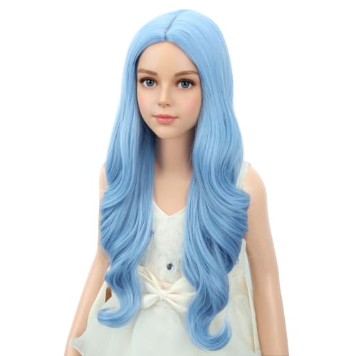 Image of PATTNIUM Light Blue Long Curly Middle Part Wig Halloween Costume Wig
