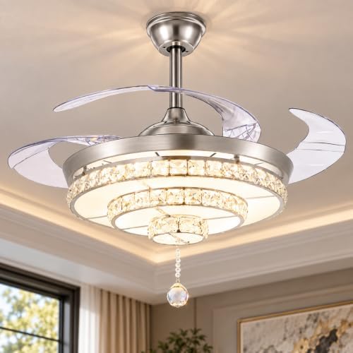 42" Crystal Ceiling Fan with Light Retractable Blades Chrome Modern LED Chandelier Remote 3 Color Changes 3 Speeds Silent Ceiling Fans Lighting Fixture, LED Kits Included