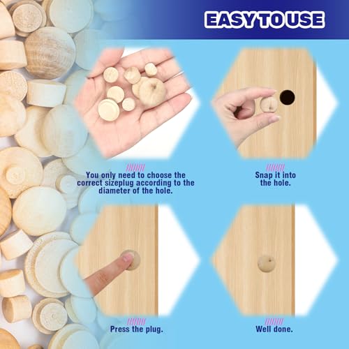 Image of 160 Pcs 2 Styles Wood Hole Plugs Assortment Set, 3 /16 Inch, 5 /16 Inch, 3 /8 Inch, 1 /2 Inch Hardwood Maple Button Cap, Flush Type Wooden Screw Covers for Decor Furniture
