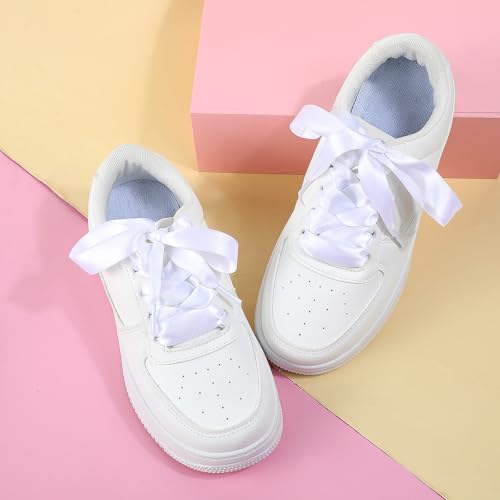 2 Pairs Satin Ribbon Shoelaces, 2cm Wide Flat Shoe Laces for Women Fashion White Flat Shoestring for Sneaker Skate Shoes Boots Sport Shoes DIY Decor3