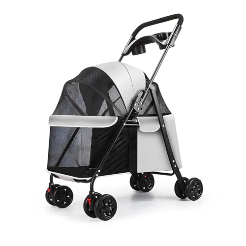 Pet Stroller for Small Dogs and Cats, Foldable Dog Pram with Breathable Mesh, Rear Wheel Brakes & Storage Basket, Lightweight Pushchair for Daily Walks Light Grey