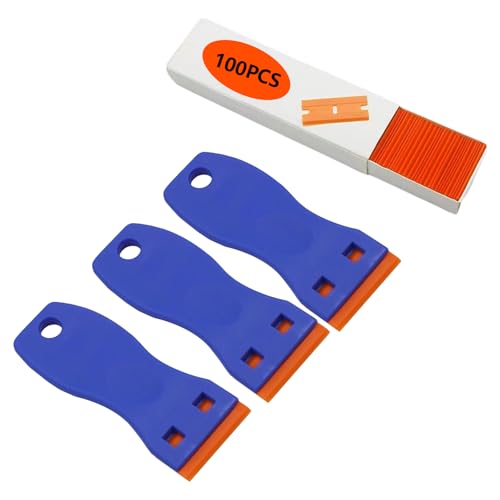 3 Pack Plastic Safety Scrapers with 100 Plastic Blades - Non-Scratch Adhesive Remover Tool Kit for Glass, Windows, Floors, Worktops & Ovens - Sticker, Paint, Label, Decal and Glue Cleaning