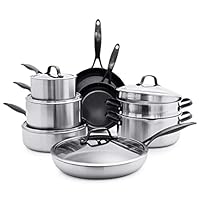 GreenPan Venice Pro Noir Tri-Ply Stainless Steel Healthy Ceramic Nonstick 13 Piece Cookware Pots and Pans Set, Matte Black Handle, PFAS-Free, Multi Clad, Induction, Dishwasher Safe, Oven Safe, Silver