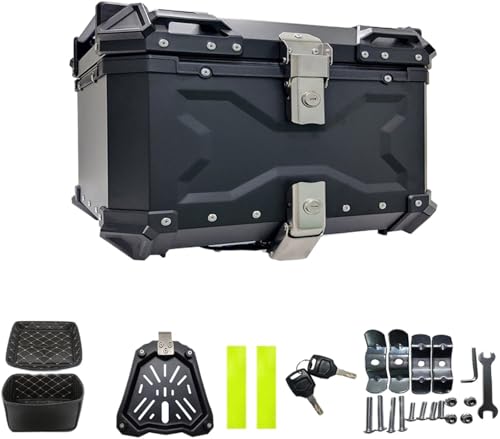 Blipso バイク リアボックス トップケース バイク用 カブ ボックス アルミ製 防水防塵 大容量 キーロック可能 着脱簡単 取り付けベース付き 防犯対策用 バックレスト付き ヘルメット 収納 四角 汎用 ブラック ツーリング キャンプ 通勤 出前 デ