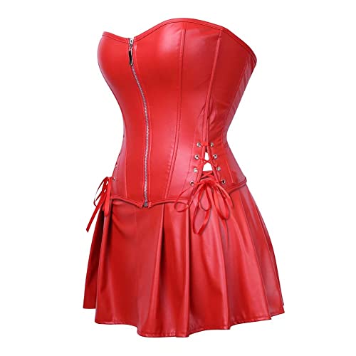 Faux Leather Corset Dress For Women Stempunk Zipper Bustier Skirt Mini Set Halloween Red Xl #TOP1