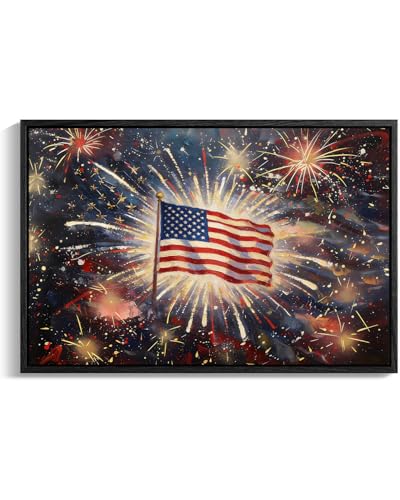 Image of American Flag Framed Canvas Wall Art, 4th of July Red White Blue Canvas Prints, USA Flag with Fireworks Patriotic Decorations, Modern Independence Day Wall Decor for Bedroom Living Room 12x16