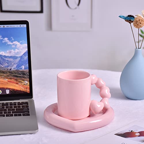 Koythin Ceramic Coffee Mug With Saucer Set, Cute Creative Electroplated Cup With Gourd Handle Love Heart Shape Design For Office And Home, 10 Oz/300 Ml For Latte Tea Milk (Peach Pink) #TOP6